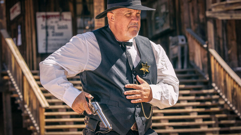 The author demonstrates old-west gunfighting.